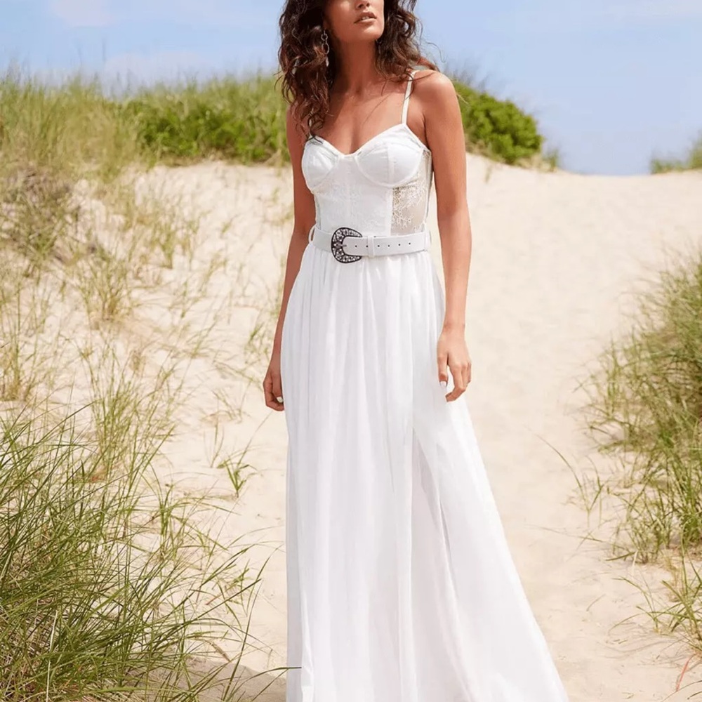 PatBO White Maxi Bustier Dress with Slit and Spaghetti Straps